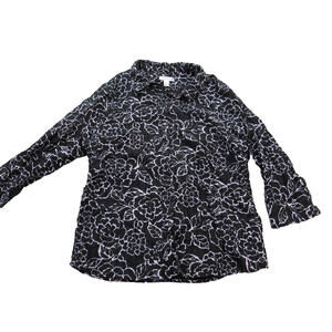 Croft & Barrow Shirt Womens XL Black White Stretch Floral Print Button Up Blouse